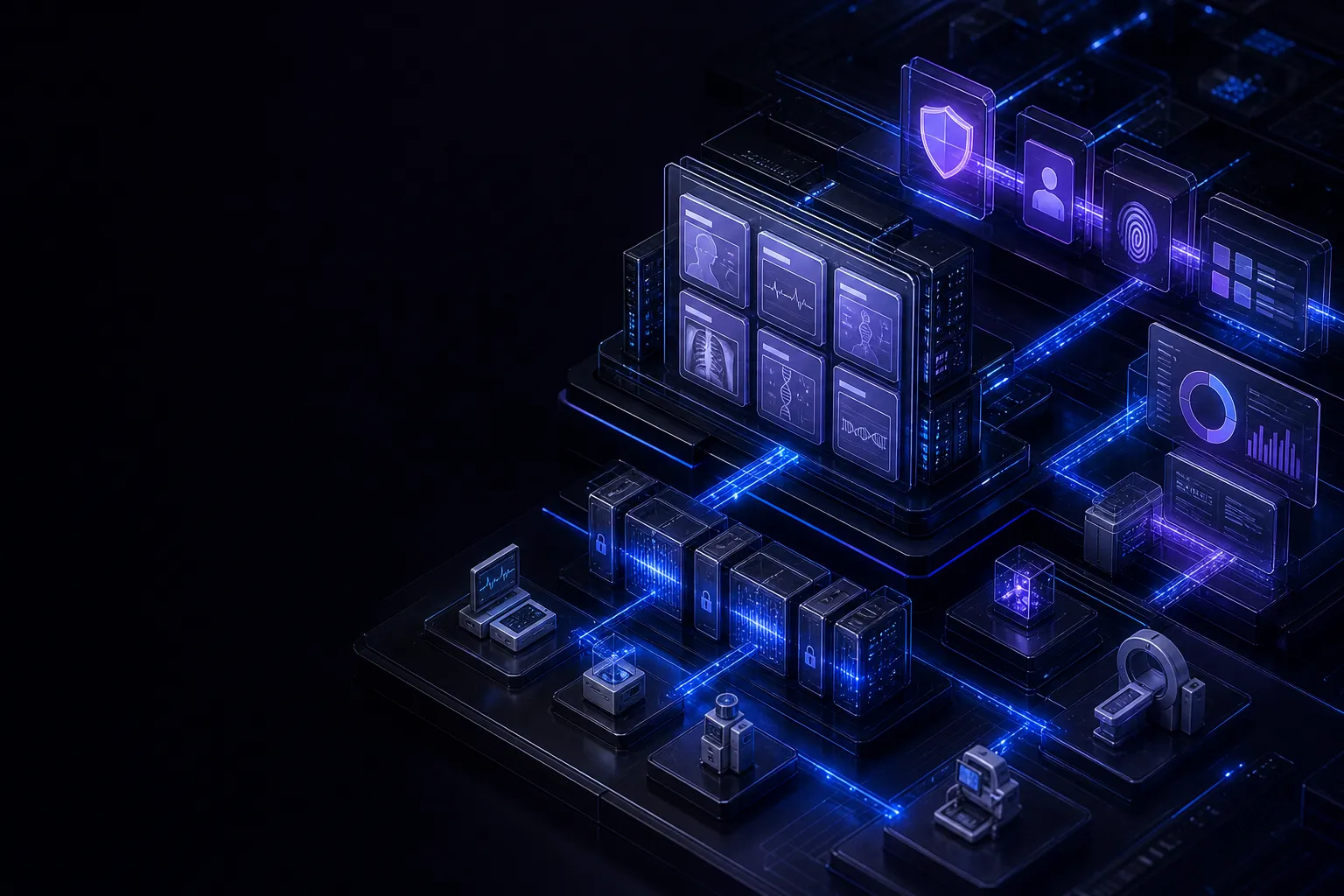 Isometric healthcare data system with EHR modules, device nodes, and secure patient safety rails
