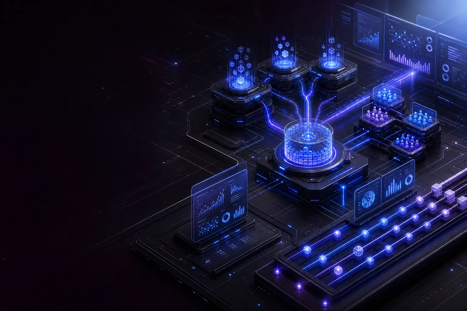 Isometric MarTech attribution graph with campaign automation hubs and analytics panes