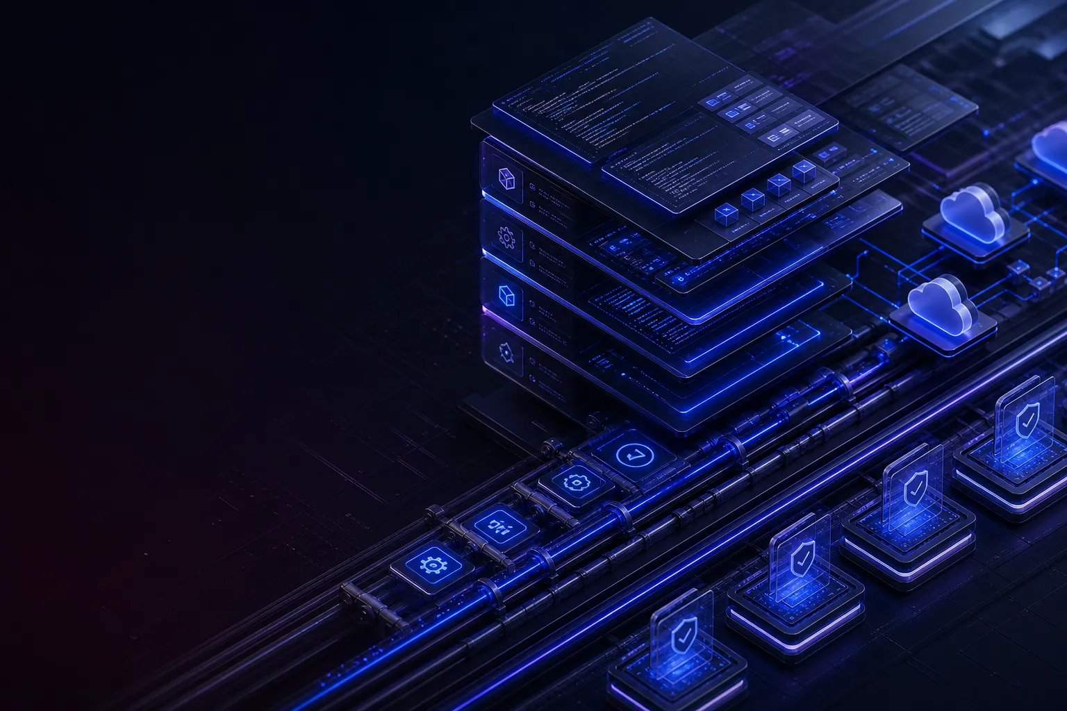 Isometric software delivery stack with CI/CD rails and cloud service nodes