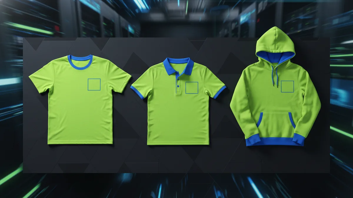T-shirt, polo, and hoodie showing left chest logo sizing zones