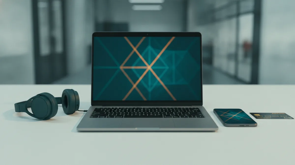 Laptop and phone used for quick logo work with accessories on the desk.