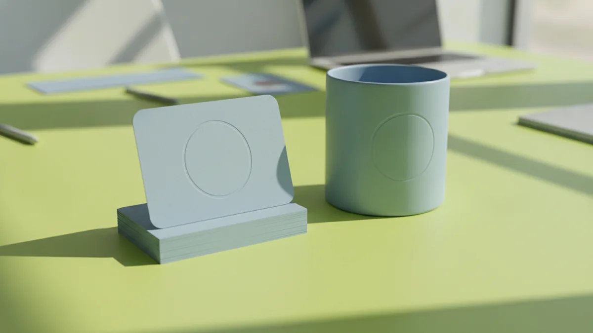 Business card and mug to show practical print logo dimensions and legibility.