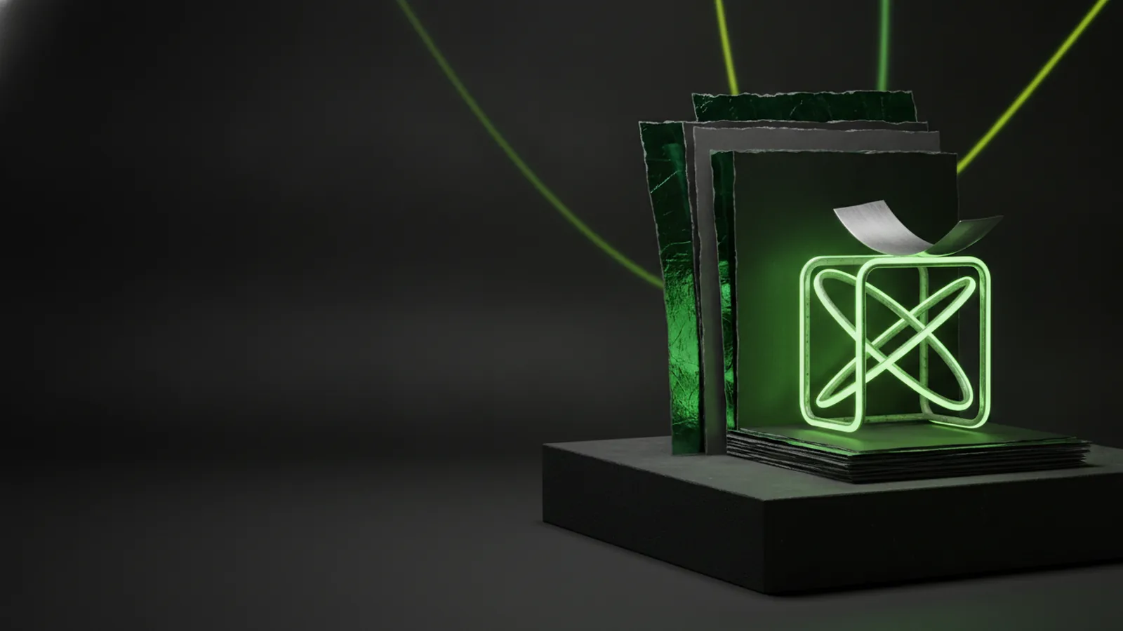 Dark studio scene of developer workspace lit with neon-green accents, evoking high-performance web work.