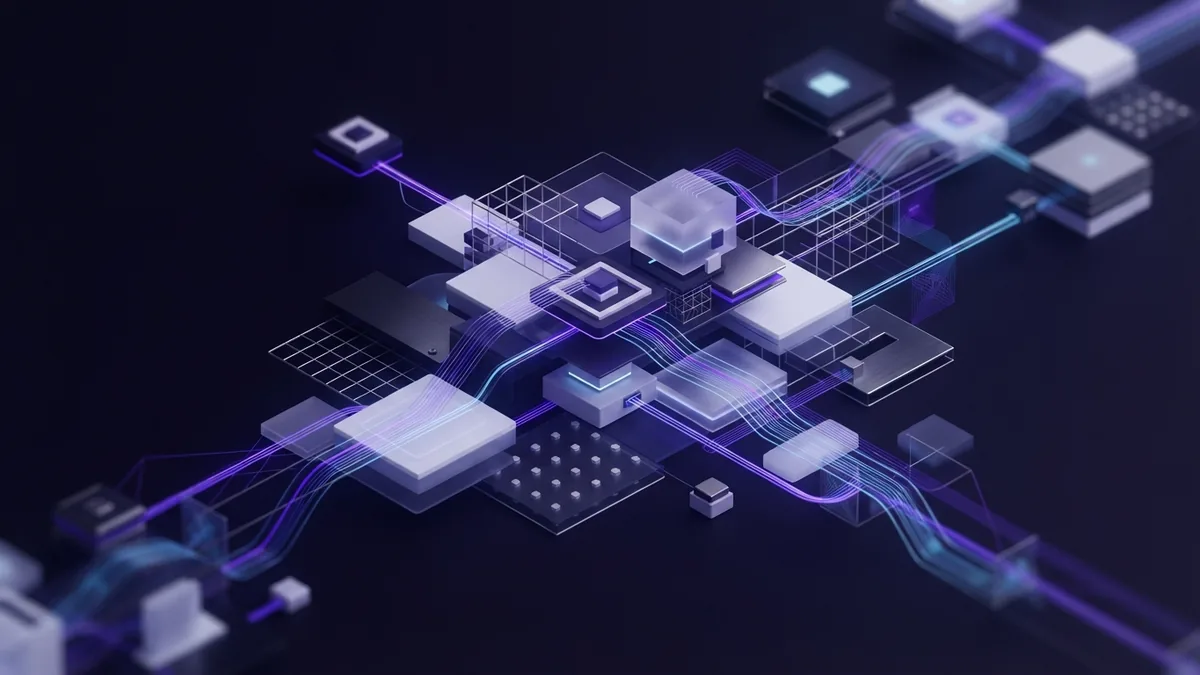 Modular abstract forms linked by data ribbons to show flexible SaaS growth