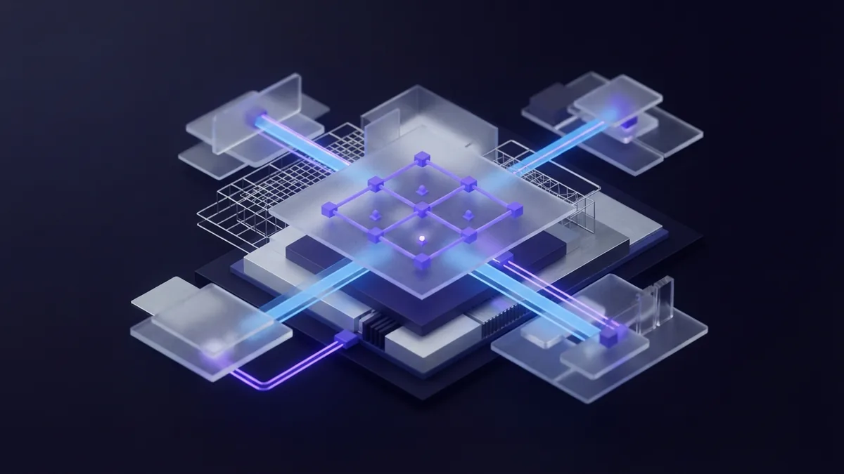 Frosted glass planes and node grid showing links between business software systems