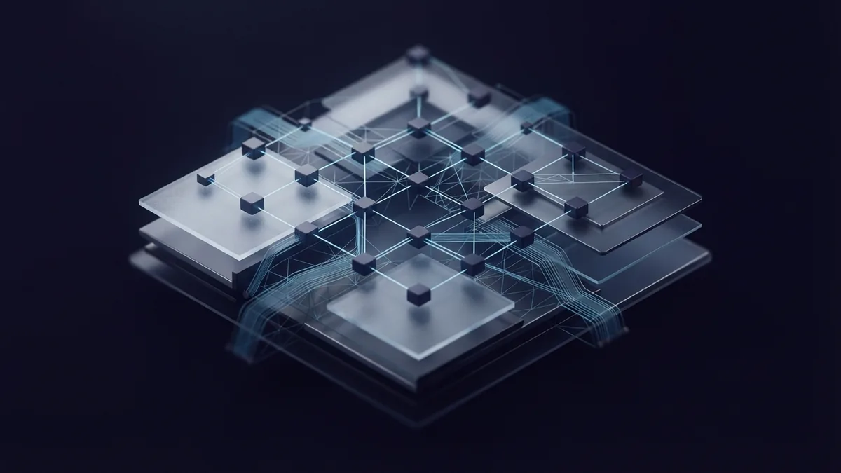 Connected geometric nodes showing core SaaS platform traits and shared cloud services
