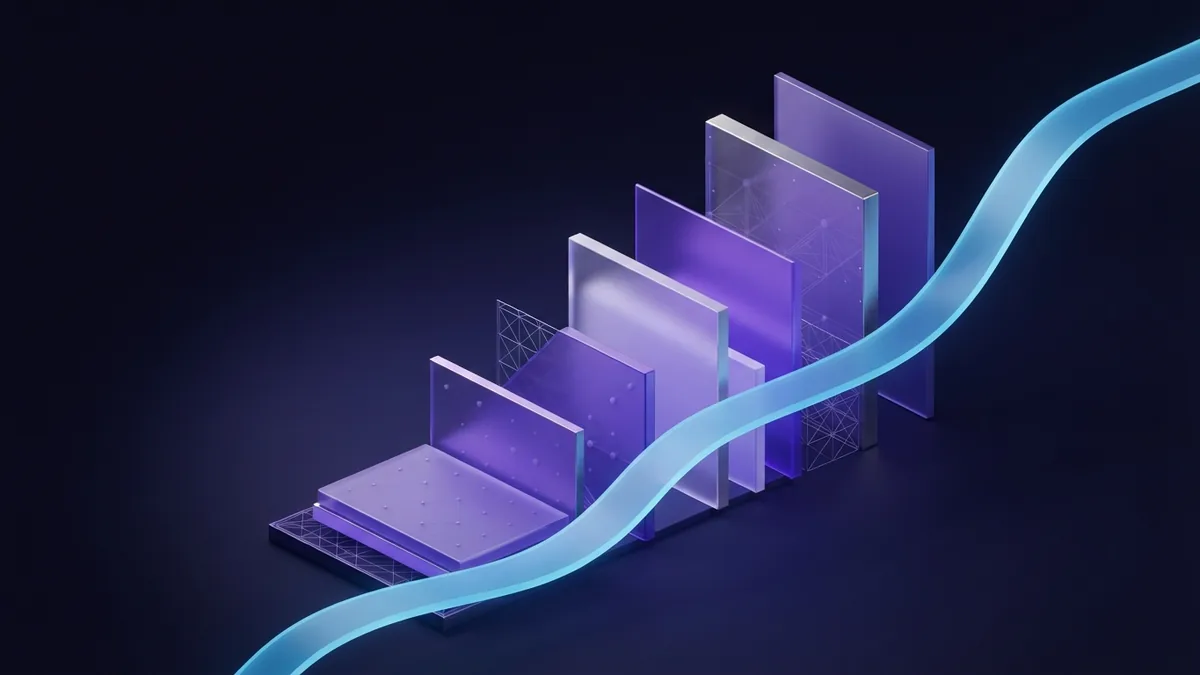 Layered violet planes and cyan ribbon representing SaaS sales growth