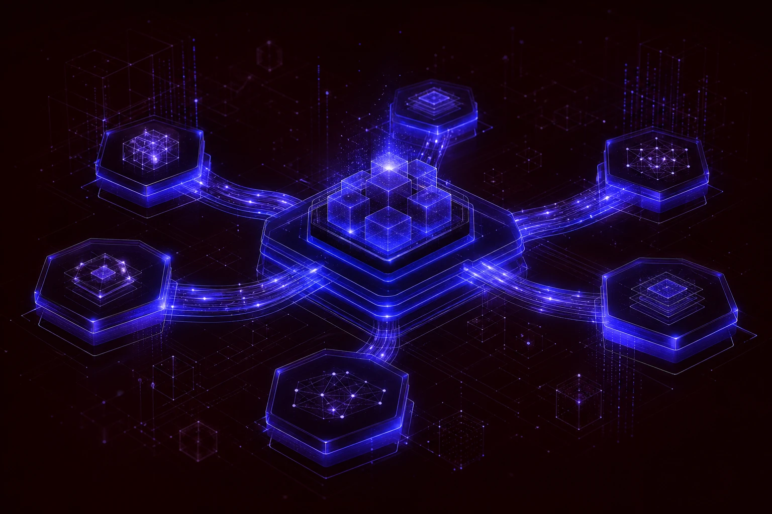Modular software platform with glowing API bridges and validation lanes