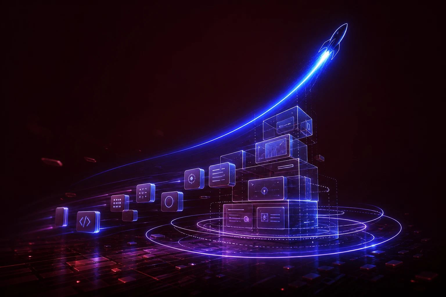 Dark modular product launch infrastructure with blue deployment rails and violet production gateways