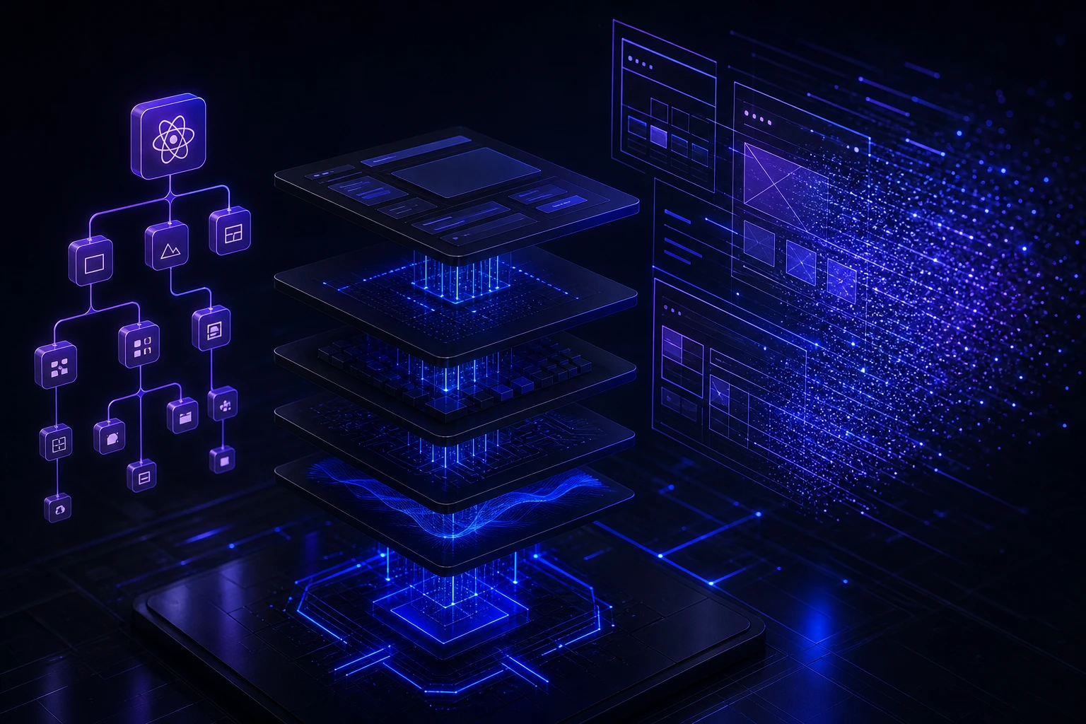 Modern web platform architecture with layered rendering modules and API gateway connections