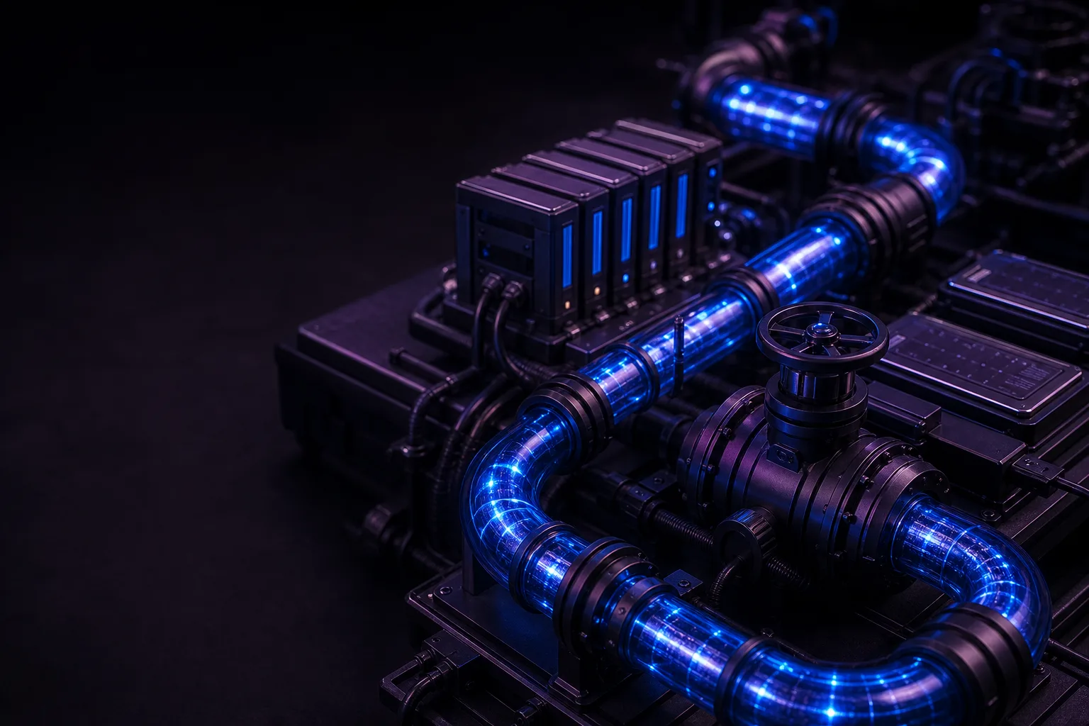 Python quant data pipeline machine with luminous blue processing conduits