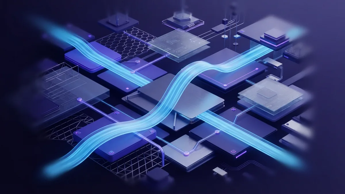 The UX journey A flowing data path across geometric platforms represents the user experience journey