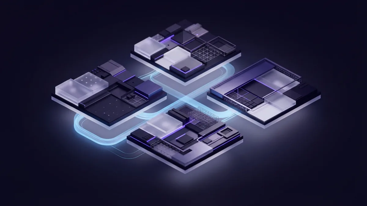 Geometric web design elements arranged as layered planes with violet and cyan accents