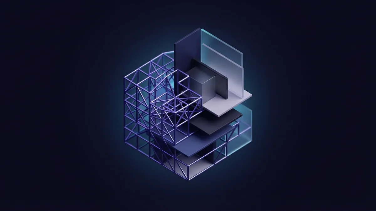 A geometric wireframe and layered planes represent tools and skills used to plan website designs