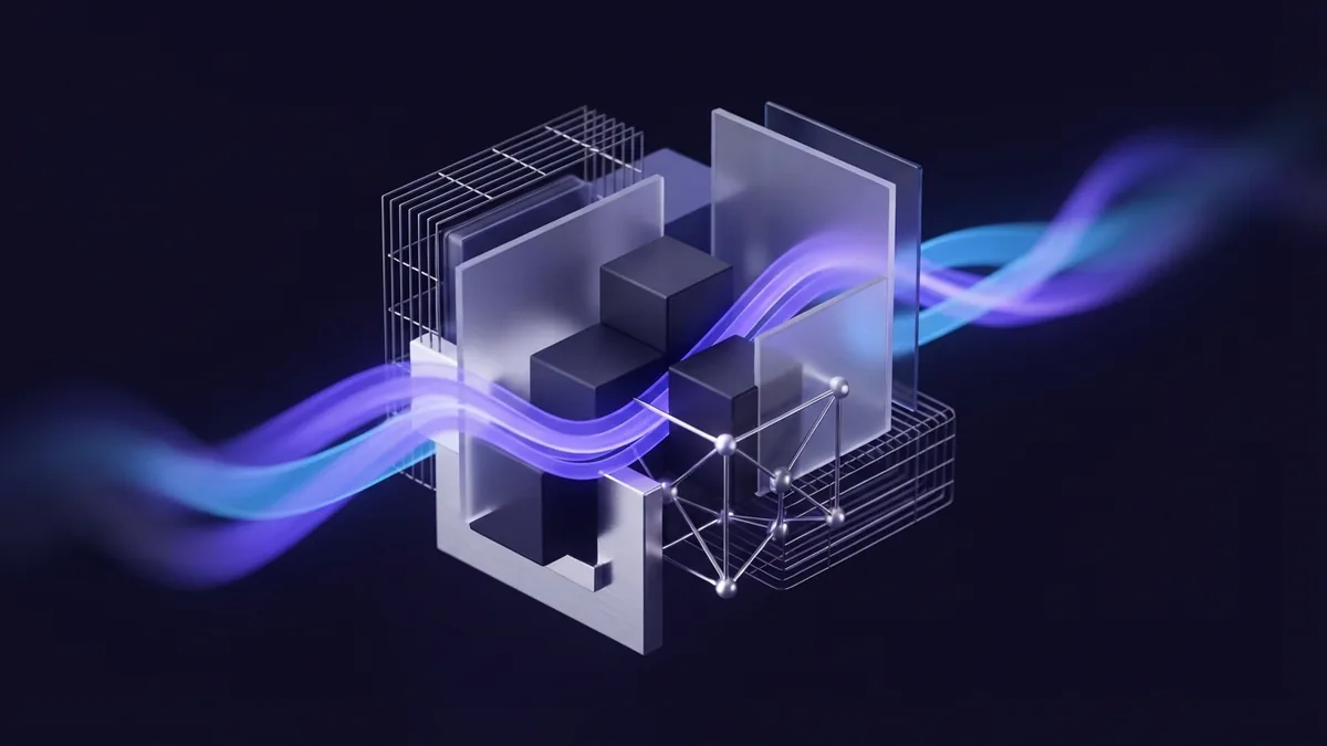 Abstract web layout built from balanced geometric planes and glowing violet data ribbons