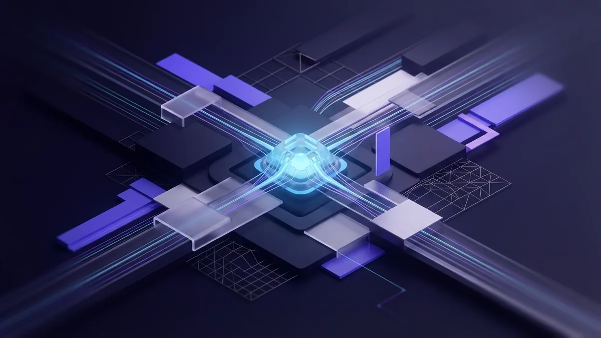 Abstract user journey shown by connected glass paths and a central violet form