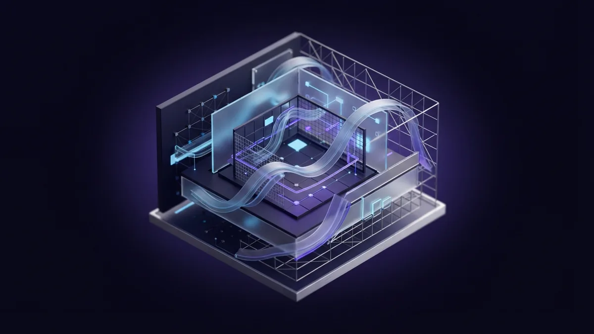 Abstract responsive layout with nested glass screens and flowing blue violet forms