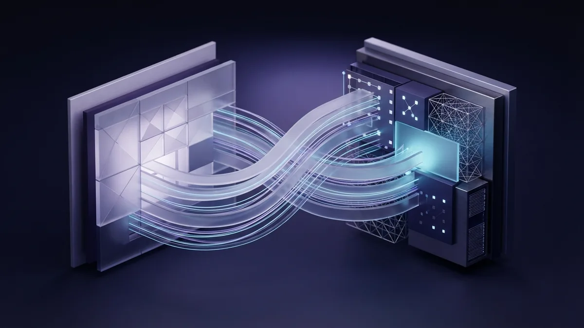 Geometric planes linked by data ribbons to represent front-end and back-end development