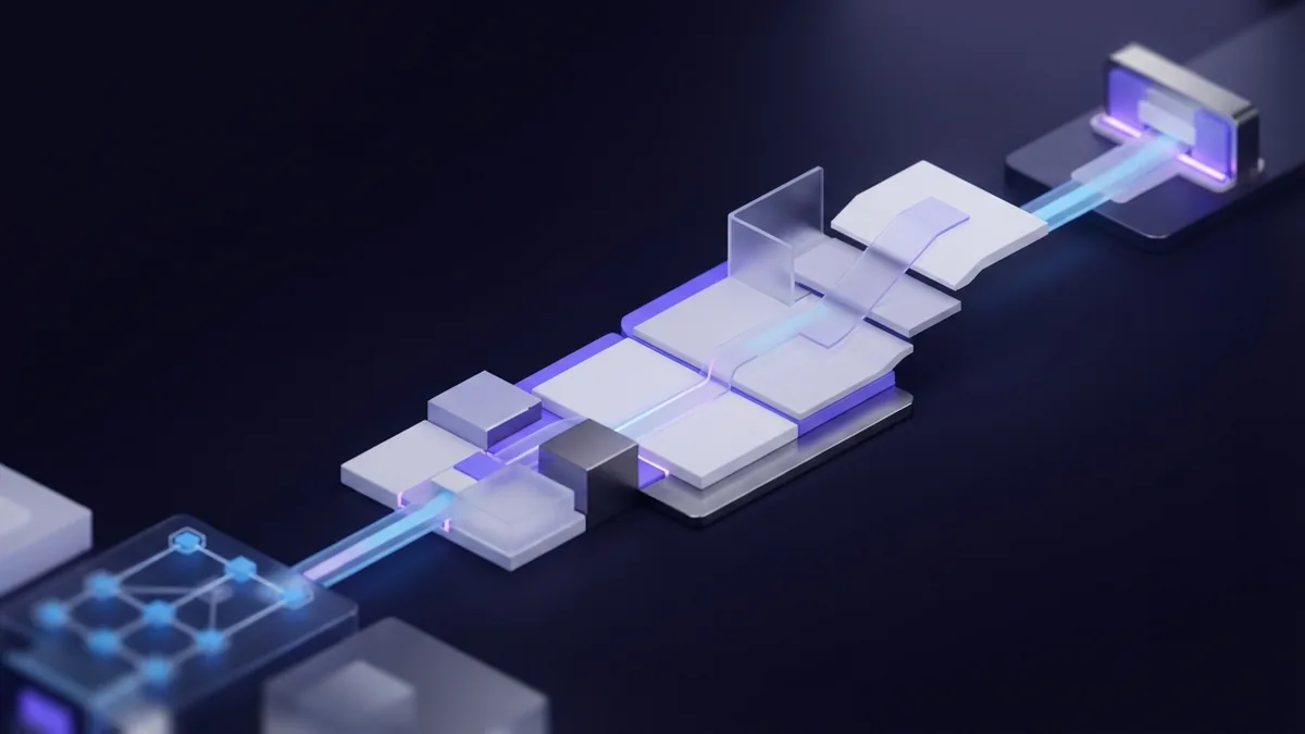 Layered geometric forms linked in a path to suggest a web development process