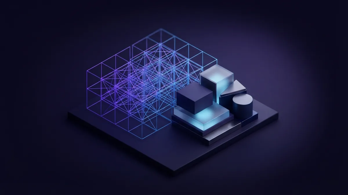 Wireframe lattice and geometric forms representing web development tools and skills