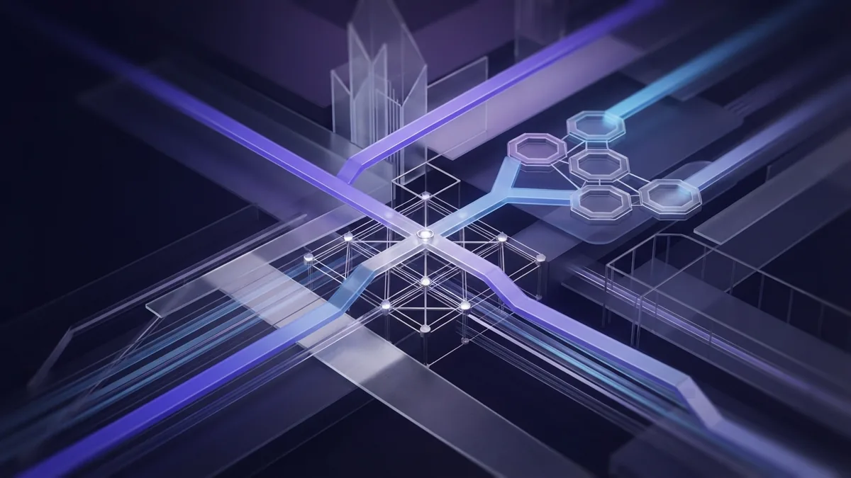 Geometric paths branching from a node grid to represent web development career paths