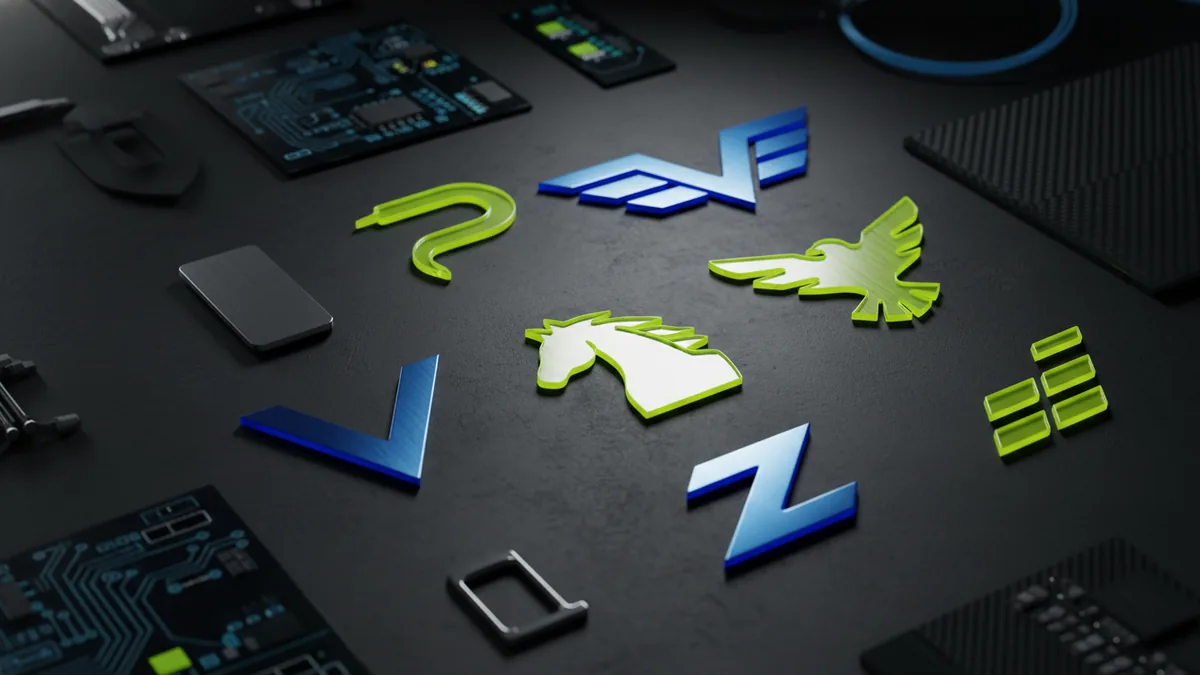 Abstract logo icon shapes representing snake, wings, horse, bird, v, z, and three lines