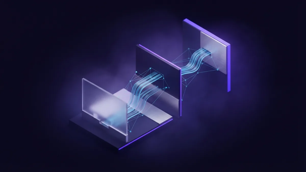 Layered geometric planes joined by data ribbons showing the growth of cloud software services