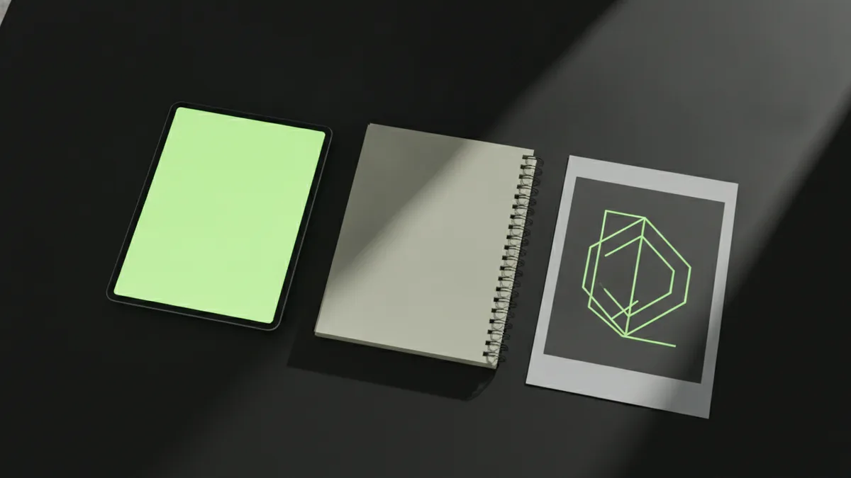 Design workspace with paper logo concepts and a tablet for review