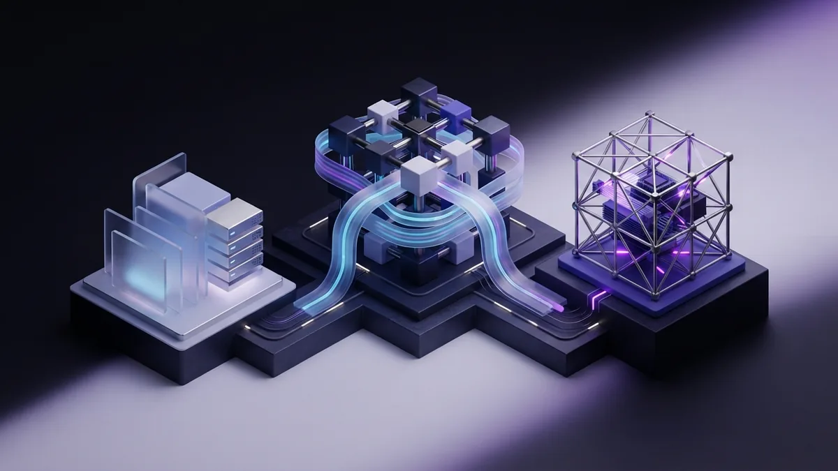 Three connected geometric structures representing operational analytical and collaborative CRM types