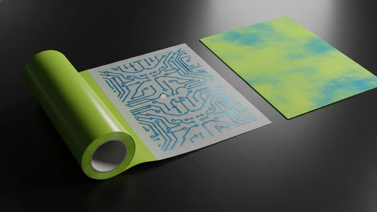 Types of heat transfer logos Assorted heat transfer materials and compatible fabric samples arranged for comparison