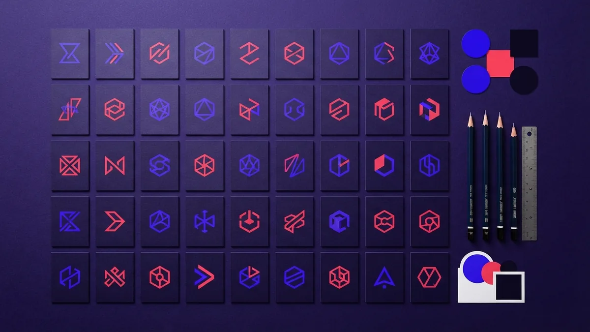 Geometric brand symbols arranged with design tools and color samples for logo mark study
