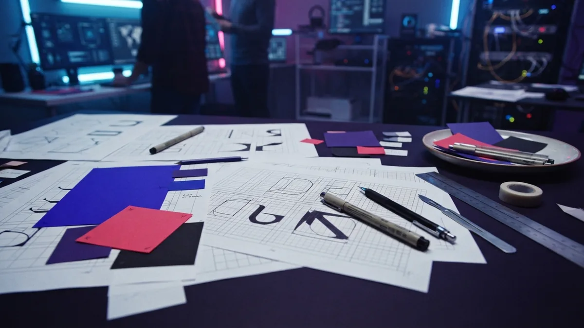 Logo design studies with grids, shape tests, ink forms, and color swatches on a desk