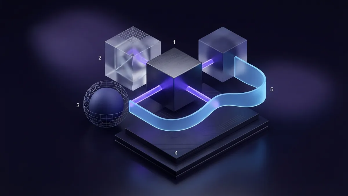 Five abstract geometric forms showing a clear system of distinct brand mark styles