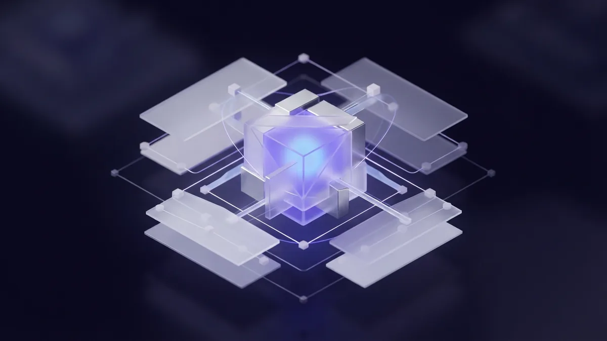 Luminous geometric form linked with layered planes to suggest brand recognition and trust