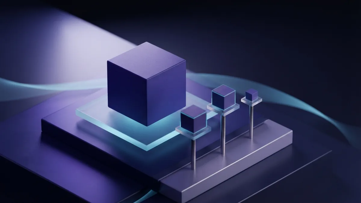 Scalable geometric mark study Scalable geometric mark forms arranged across layered indigo planes with soft violet light