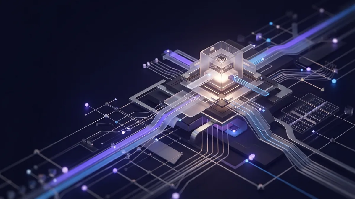 Geometric node network converging on one clear business goal in violet light