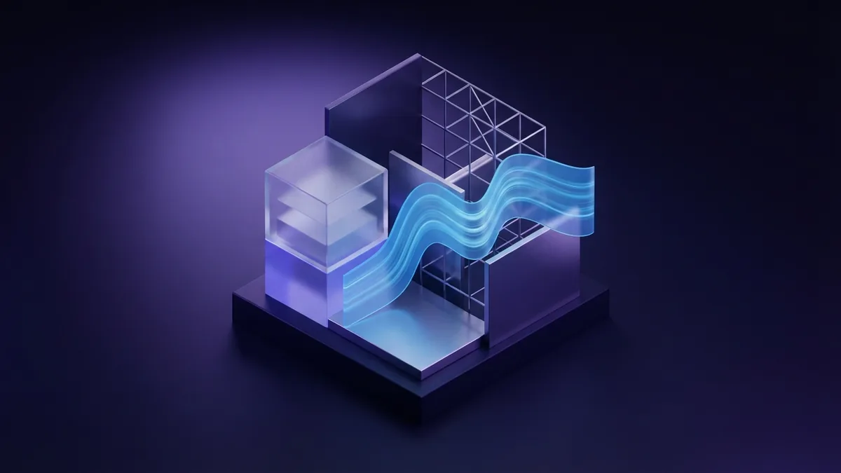 Unified visual identity system Geometric brand identity system with layered violet forms and a flowing cyan data ribbon
