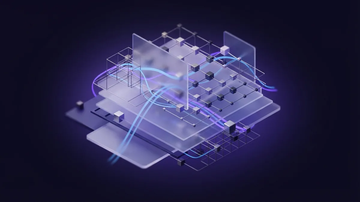 Abstract branding management network built from frosted glass layers and violet metal nodes