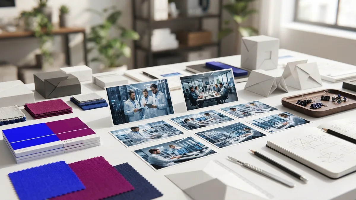 Brand consistency planning materials Business team planning brand elements with color cards, packaging samples, and a clear visual system