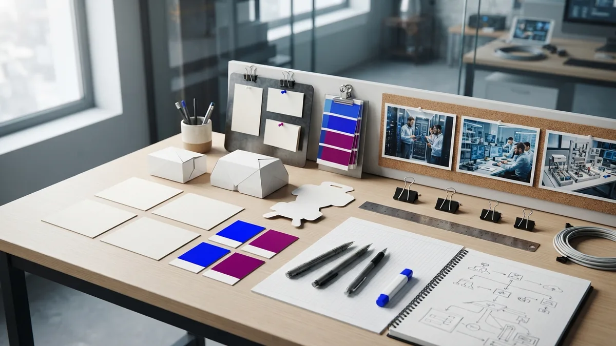 Brand strategy planning desk with market notes, color samples, packaging forms, and campaign materials