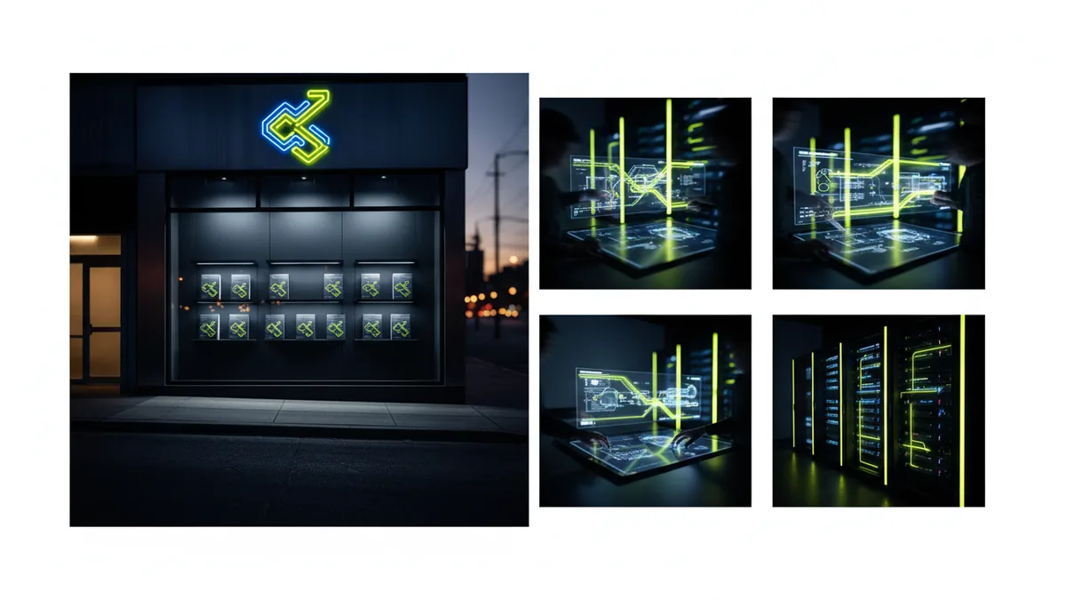 Brand logo mark on storefront signage and packaging with shallow depth of field