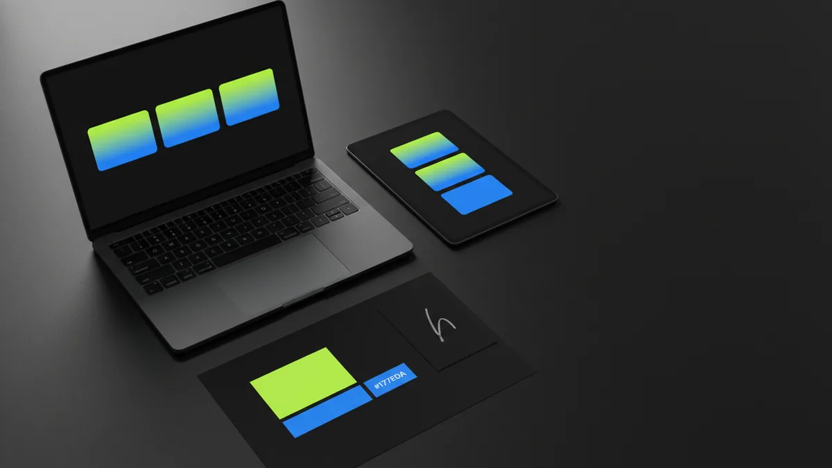 Test recognition with real touchpoints Designer workstation with devices and color swatches for logo recognition testing