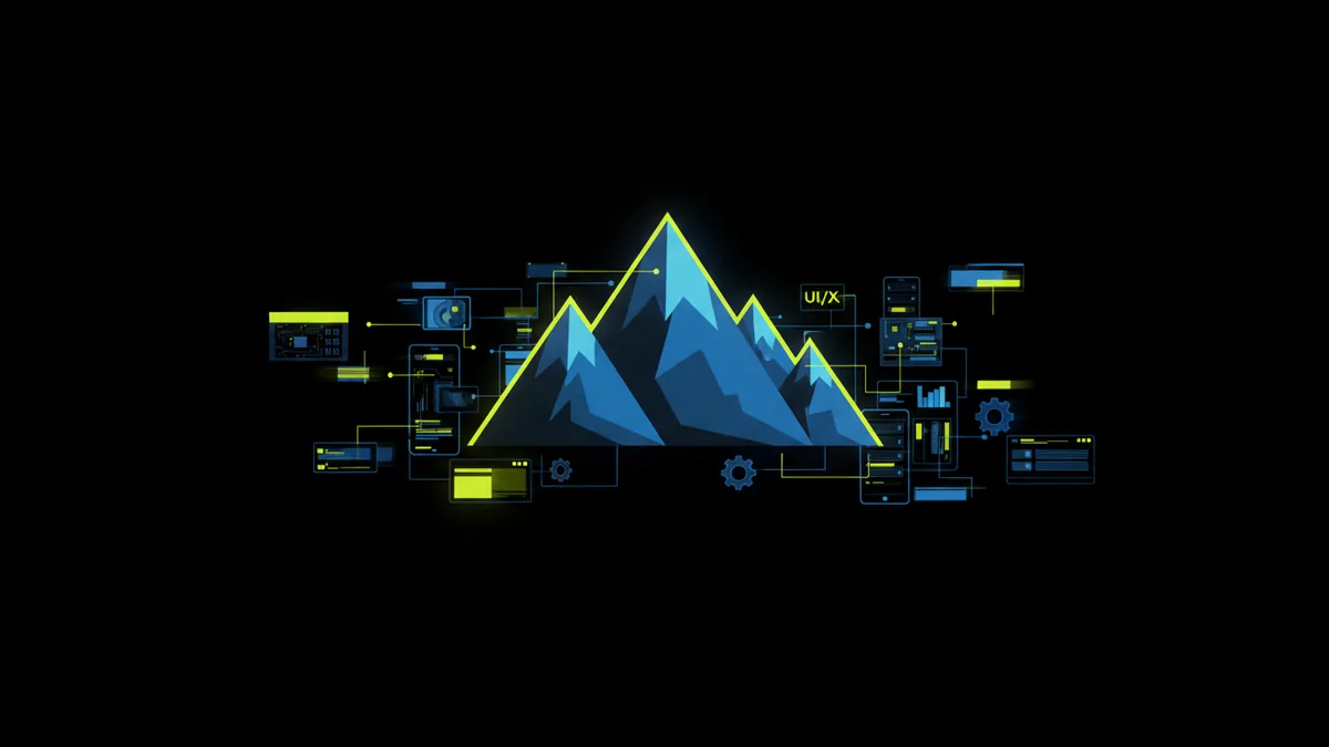 Centered stylized mountain silhouette with layered depth and sharp peaks.