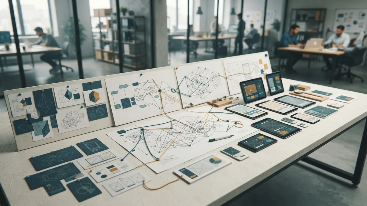 UX planning board showing research, wireframes, prototypes, and testing stages