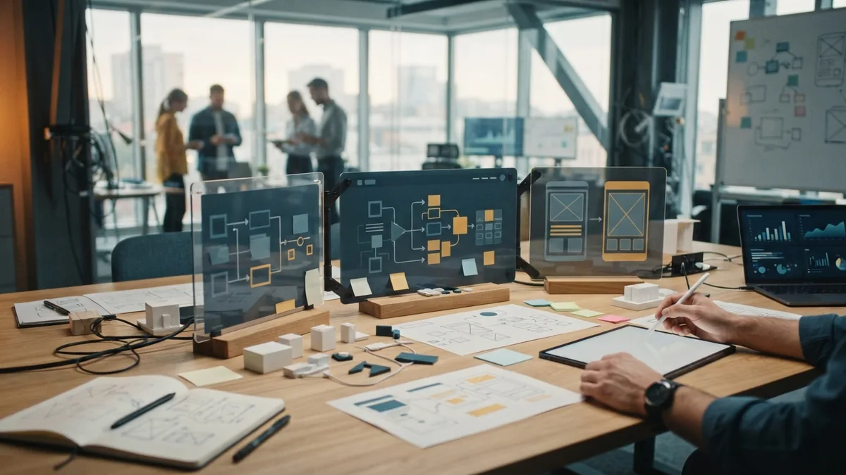 Designer and developer planning a smooth product build with screen layouts