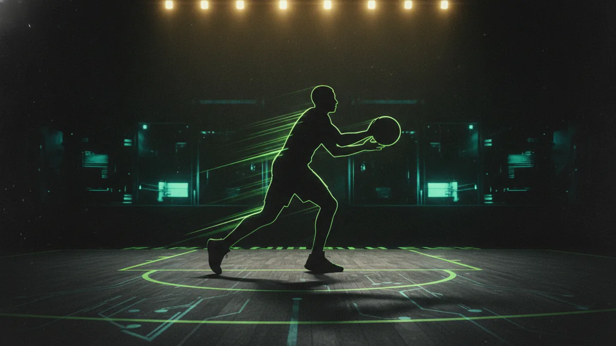 An athletic guard silhouette in side profile during a vintage-style game moment