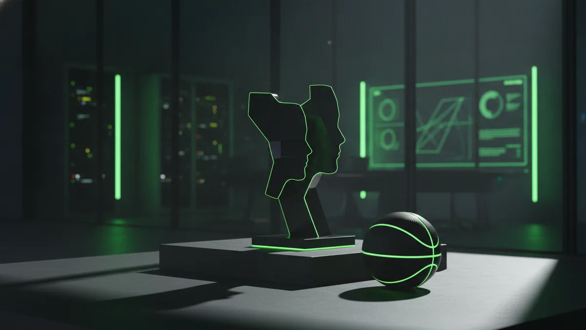 A minimal silhouette sculpture with a basketball beside it