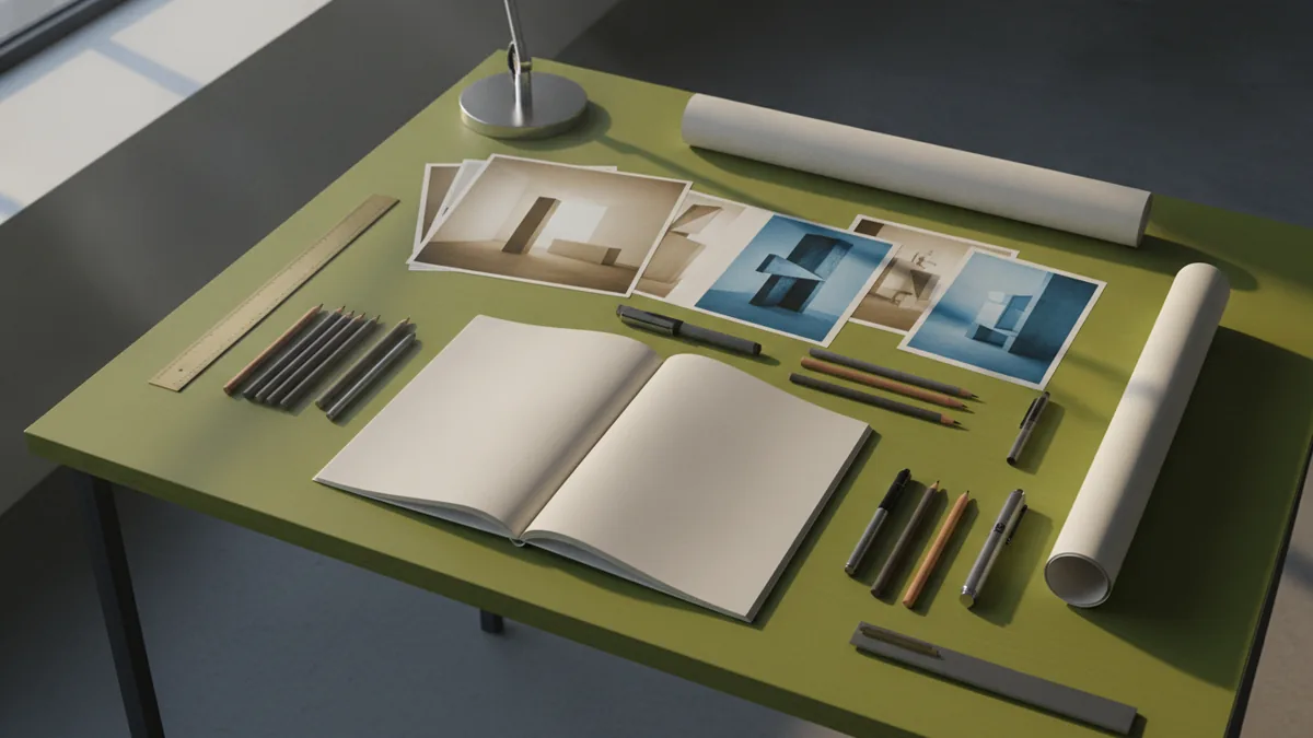 Logo design craft setup Designer studio desk with sketches and photo references for logo work